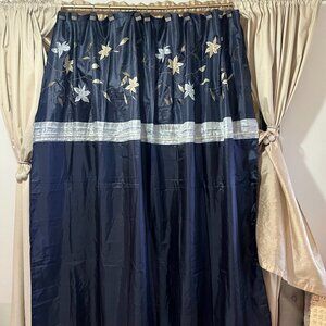 Elegant navy blue flowers embroidery silky shower curtain + hooks - NTW